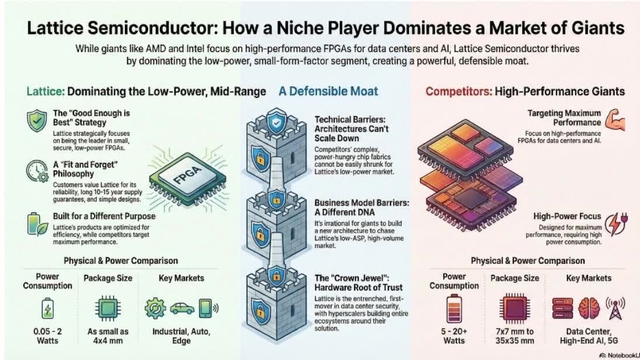 Infographic titled 'Lattice Semiconductor: How a Niche Player Dominates a Market of Giants'. The infographic compares Lattice (left) and its competitors (right). Lattice is shown as a small, secure FPGA chip with a castle-like 'moat' around it, representing its defensible market position. Competitors are shown as large, high-performance FPGA chips. The infographic details Lattice's 'Good Enough is Best' strategy, 'Fit and Forget' philosophy, and 'Built for a Different Purpose' approach. It also highlights technical barriers like 'Architectures Can't Scale Down' and business model barriers like 'A Different DNA'. A 'Crown Jewel' section describes Lattice as the 'Hardware Root of Trust'. Physical & Power Comparison tables show Lattice's low power (0.05-2 Watts) and small package size (4x4 mm) compared to competitors' high power (5-20+ Watts) and larger packages (7x7 mm to 35x35 mm). Key markets for Lattice include Industrial, Auto, and Edge, while competitors target Data Center, High-End AI, and 5G.