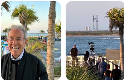 Two side-by-side photographs. The left photo shows Ron Baron smiling at the camera. The right photo shows a group of people watching a SpaceX rocket launch from a distance across a body of water.