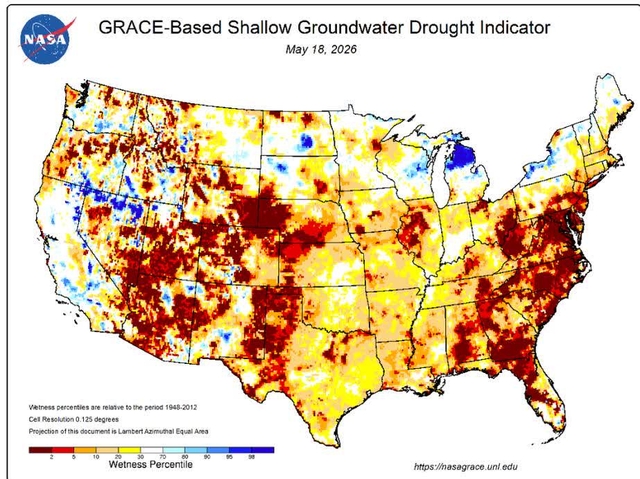 NASA GRACE-Based Shallow Groundwater Drought Indicator map of the United States, dated May 18, 2026. The map shows wetness percentiles across the country, with a color scale from 2 (dark red) to 98 (dark blue). The map is titled 'GRACE-Based Shallow Groundwater Drought Indicator' and includes the NASA logo. A legend at the bottom left indicates that wetness percentiles are relative to the period 1948-2012, with a cell resolution of 0.125 degrees and a Lambert Azimuthal Equal Area projection. The URL https://nasagrace.unl.edu is provided at the bottom right.
