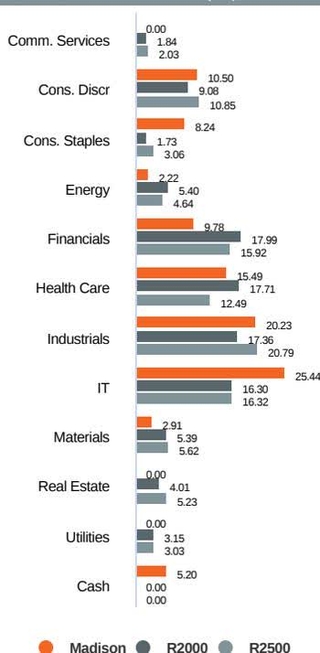 Sector Allocation (%) chart comparing Madison, R2000, and R2500 across various sectors.