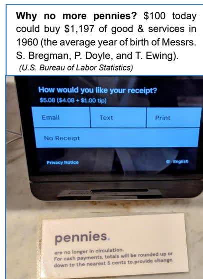 A composite image featuring a text box about penny inflation and a photograph of a POS terminal receipt screen.