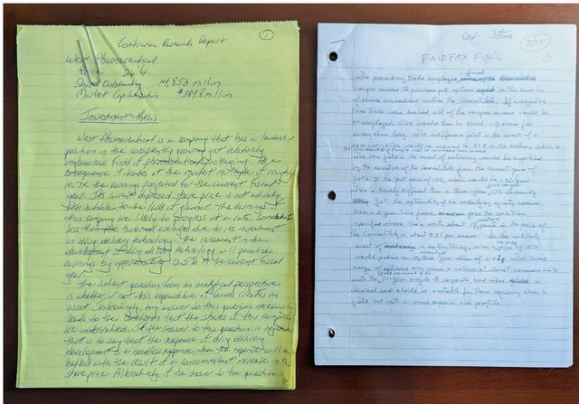Two side-by-side handwritten research reports on lined paper. The left report is on yellow paper and titled 'Continu Research Report' for 'West Pharmaceutical'. The right report is on blue paper and titled 'FAIRFAX FIN'L' for 'Cap. Stone'.