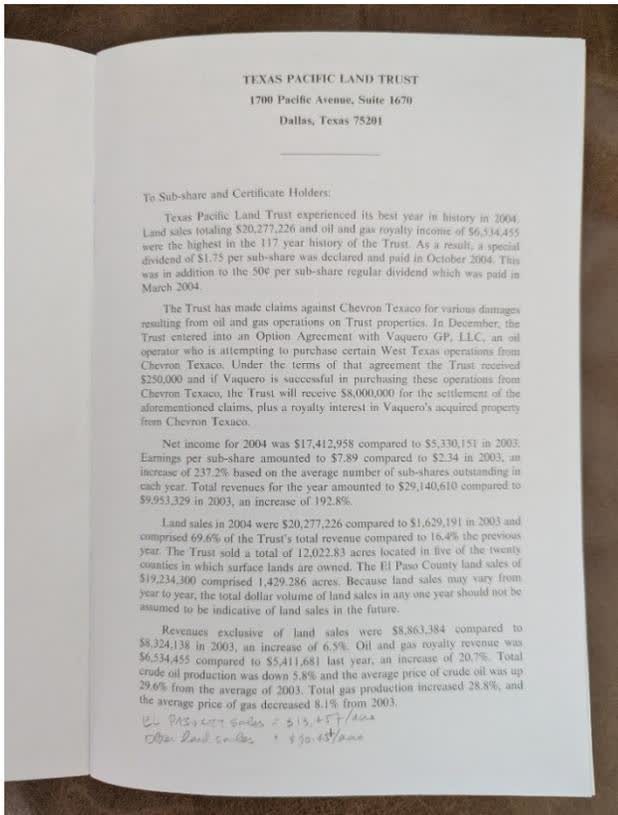 Left page of the annual report, page 1. It contains the trust's name and address at the top. Below that is a section titled 'To Sub-share and Certificate Holders:'. The text describes the trust's performance in 2004, mentioning land sales, oil and gas royalty income, and dividends. At the bottom of the page, there are handwritten notes in blue ink: 'EL PASO CO. LAND SALES - $13,000/acre' and 'Other land sales - $13,000/acre'.