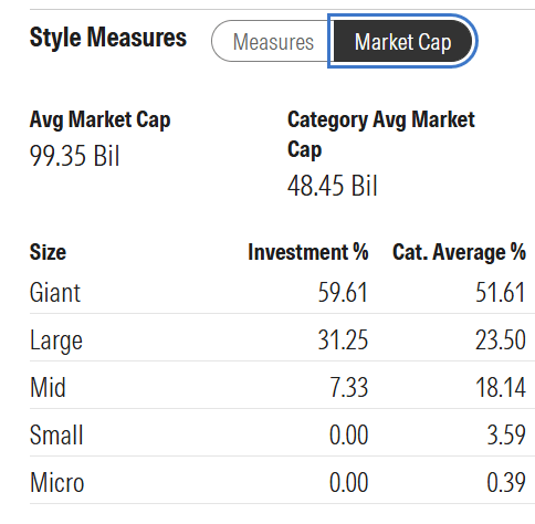 Market cap breakdown showing giant, large, and mid exposure