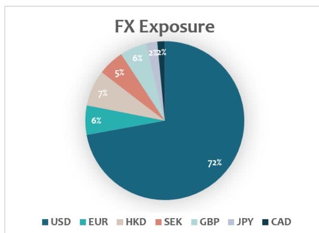Pie chart showing FX Exposure by currency: USD (72%), EUR (6%), HKD (7%), SEK (5%), GBP (6%), JPY (2%), CAD (2%).