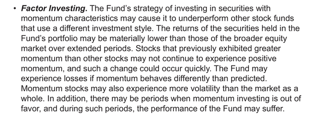 Excerpt from the prospectus outlining risks associated with factor-based investing.