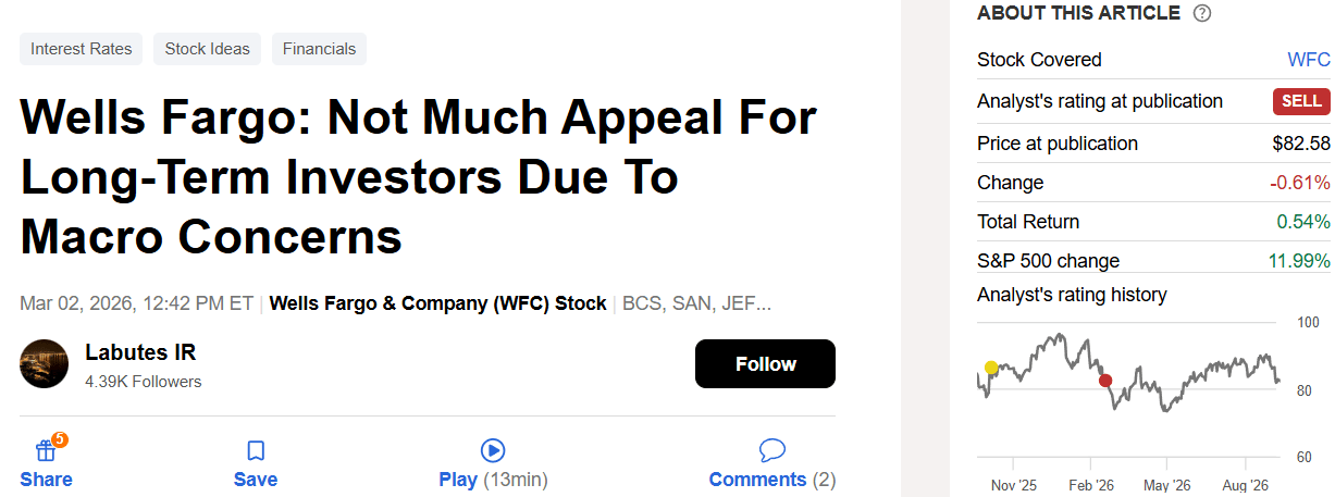 Wells Fargo: Better Than Expected Is Not Enough To Buy (NYSE:WFC)