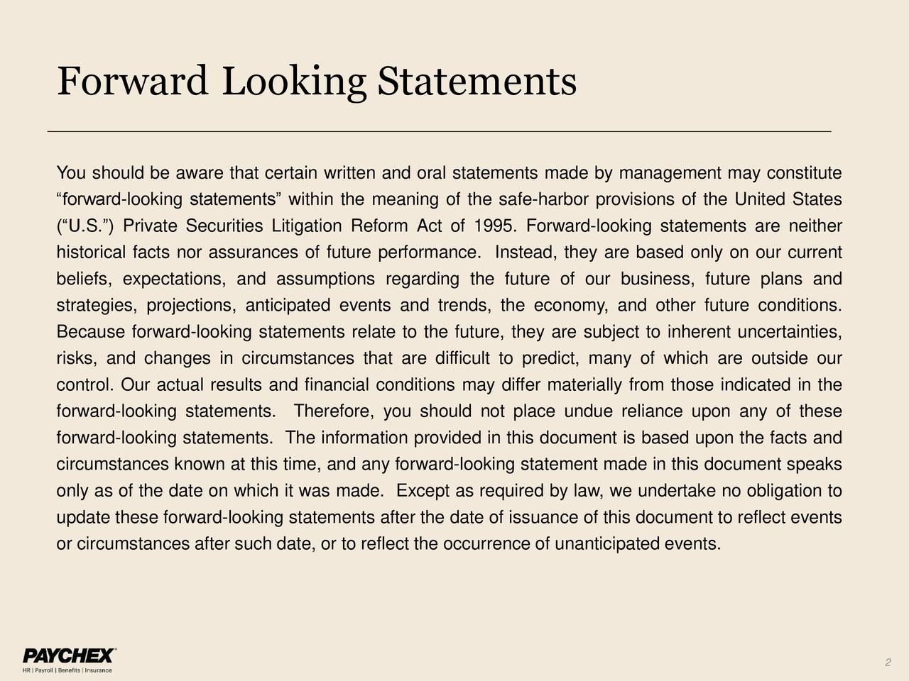 Forward Looking Statements