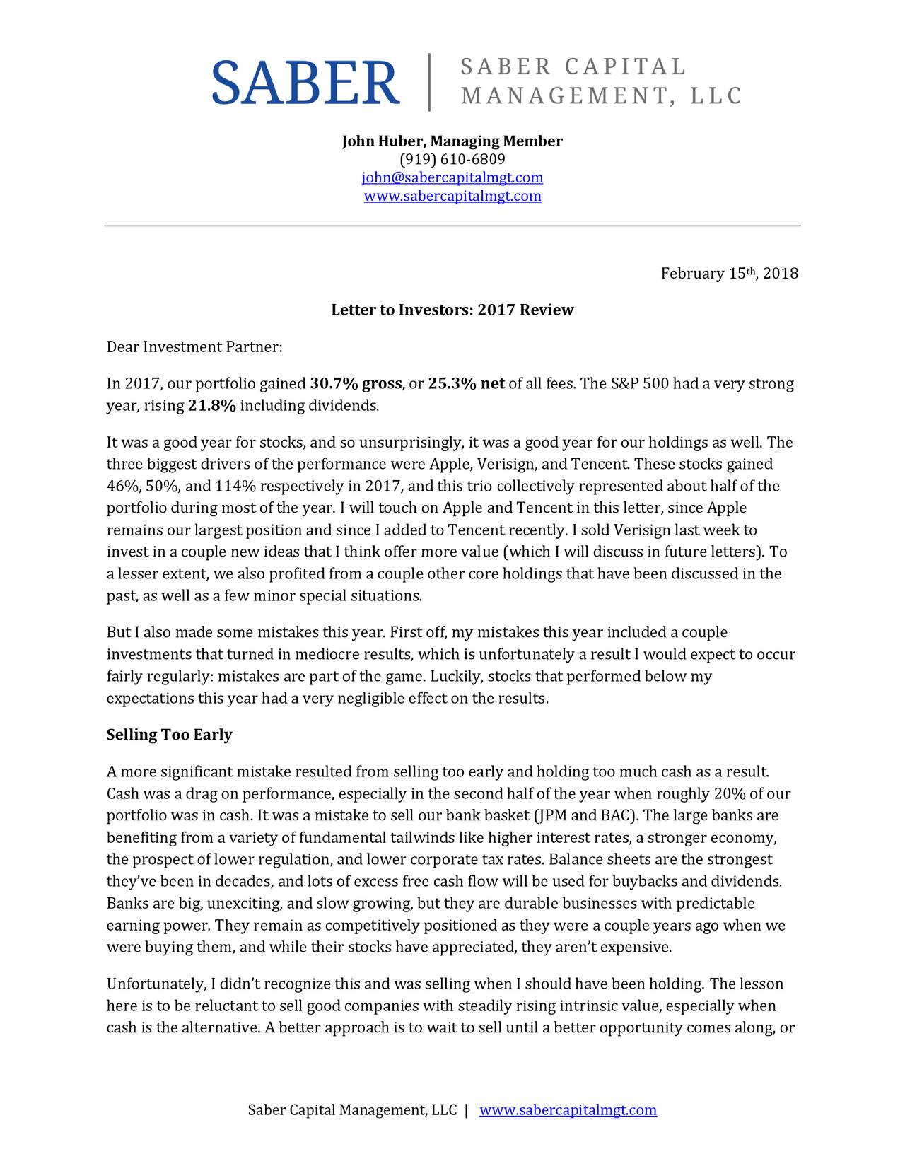 portfolio investment letter review Review Capital Saber Investors: To Letter 2017 Management