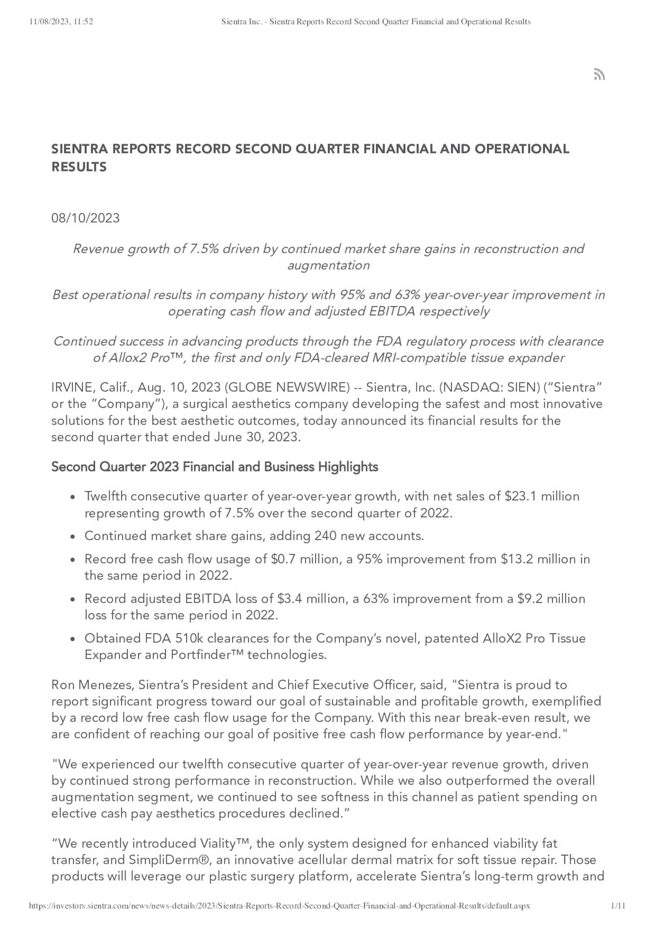 11/08/2023, 11:52 Sientra Inc. - Sientra Reports Record Second Quarter Financial and Operational Results