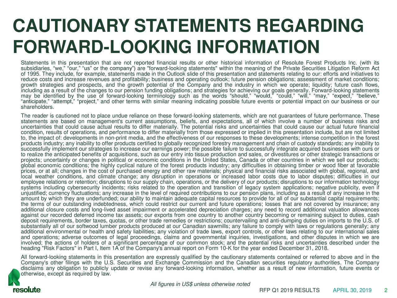 Resolute Forest Products Inc. 2019 Q1 Results Earnings Call Slides
