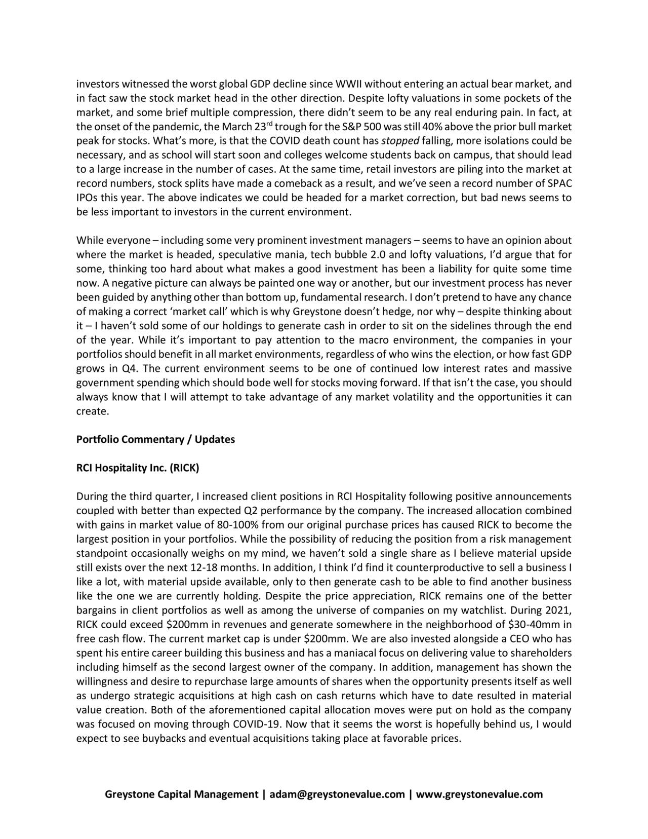 Greystone Capital Q3 2020 Letter To Clients Seeking Alpha