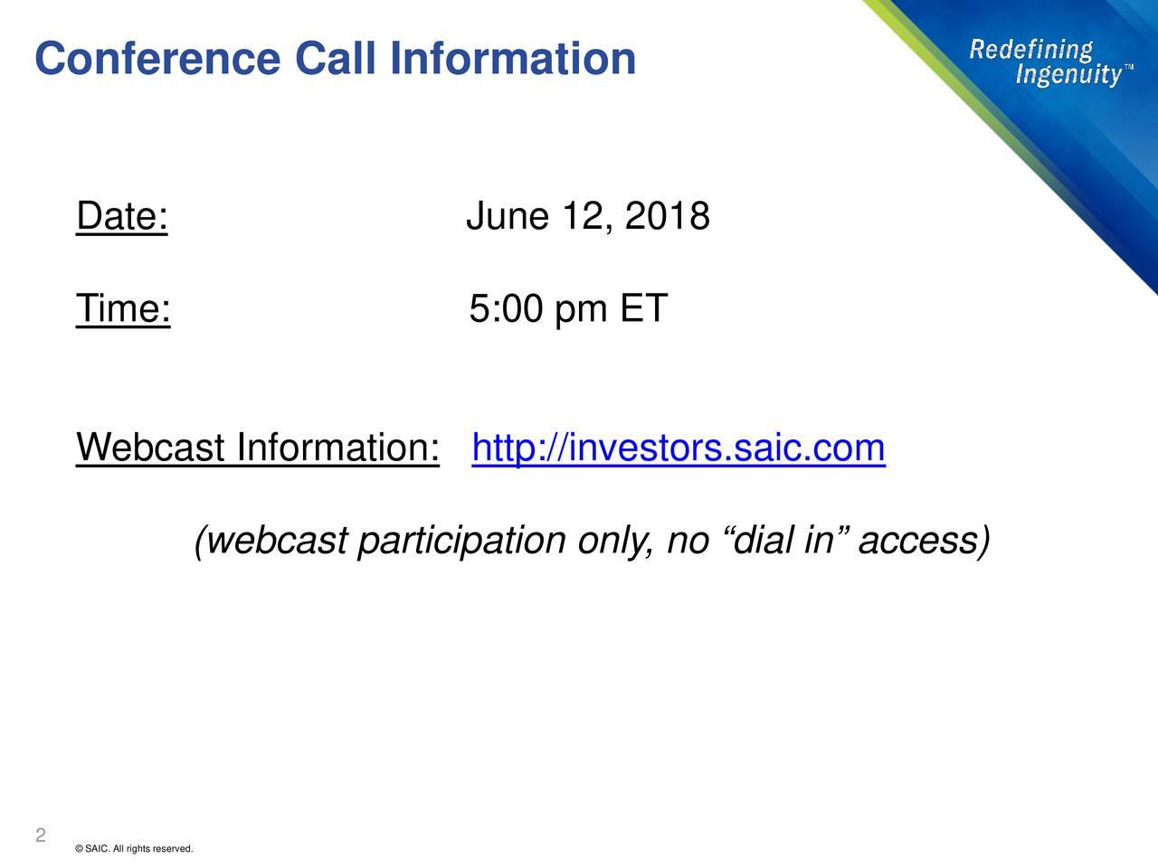 Science Applications International Corporation 2018 Q1 Results