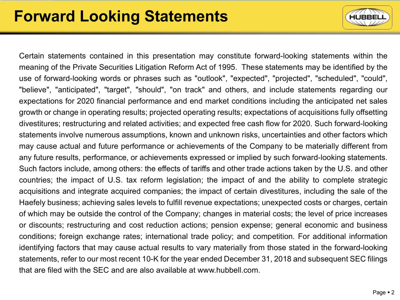 Hubbell Incorporated 2019 Q4 Results Earnings Call Presentation