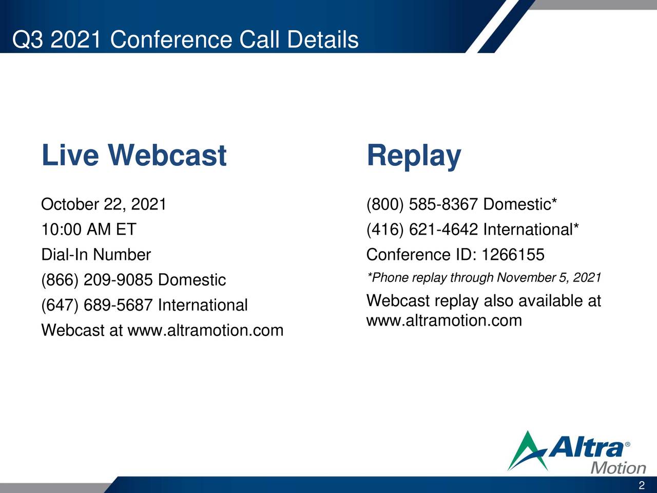 Altra Industrial Motion Corp. 2021 Q3 Results Earnings Call