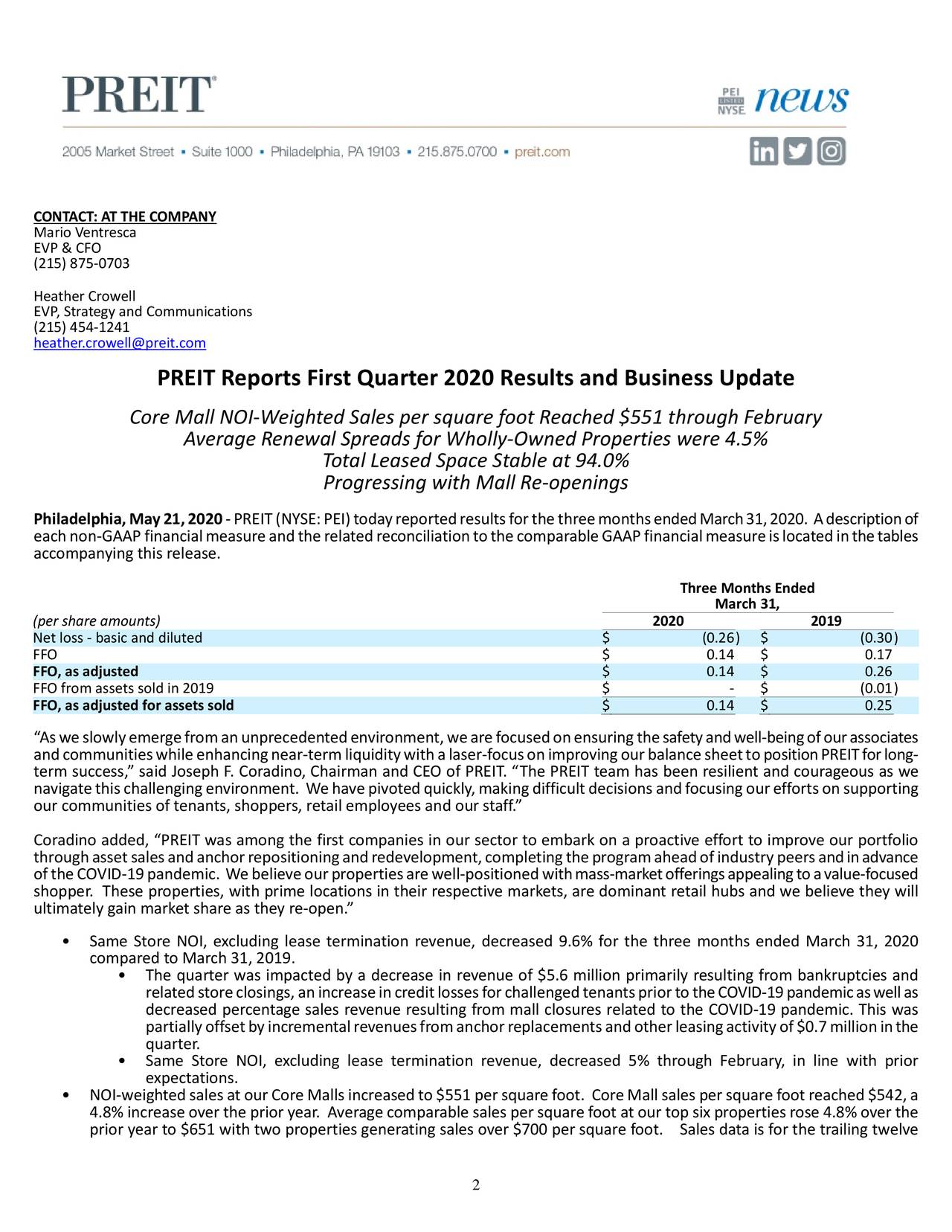 Pennsylvania Real Estate Investment Trust 2020 Q1 Results Earnings Call Presentation (NYSE