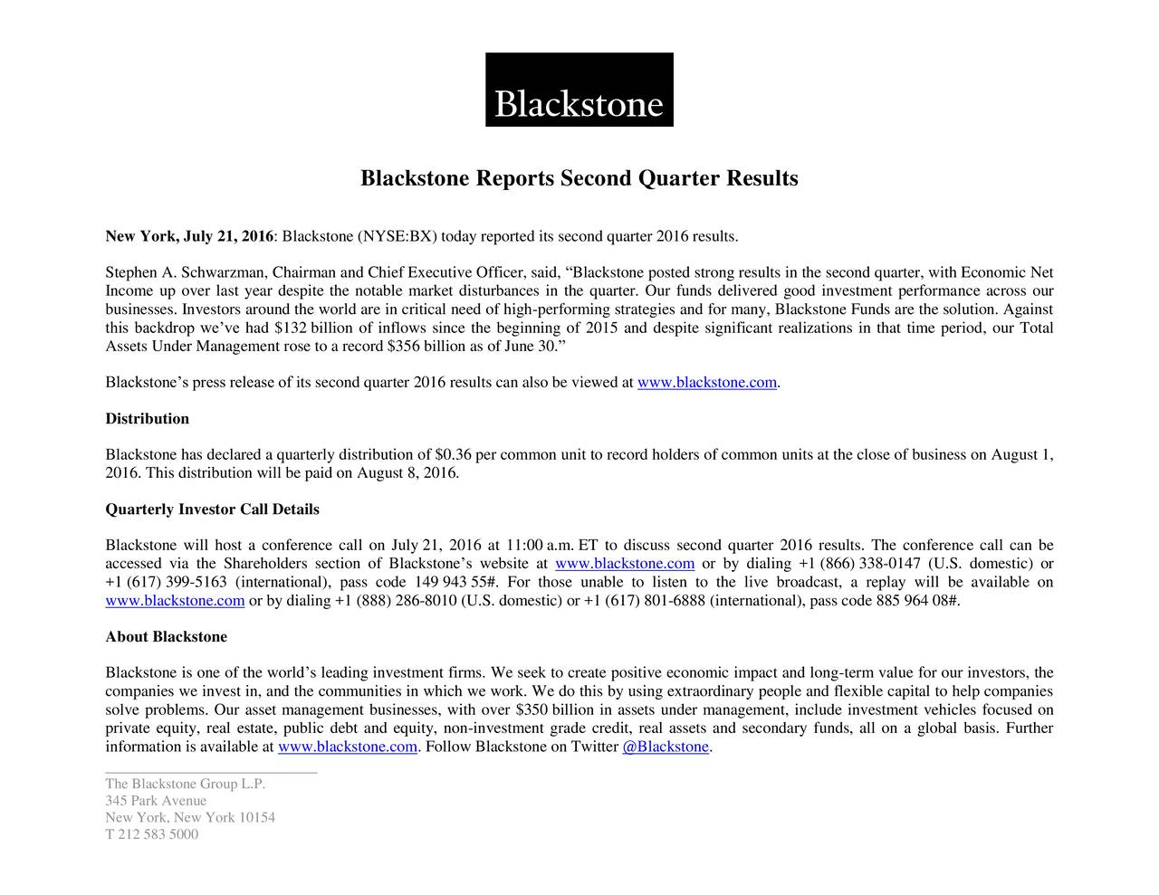 The Blackstone Group L.P. 2016 Q2 Results Earnings Call Slides