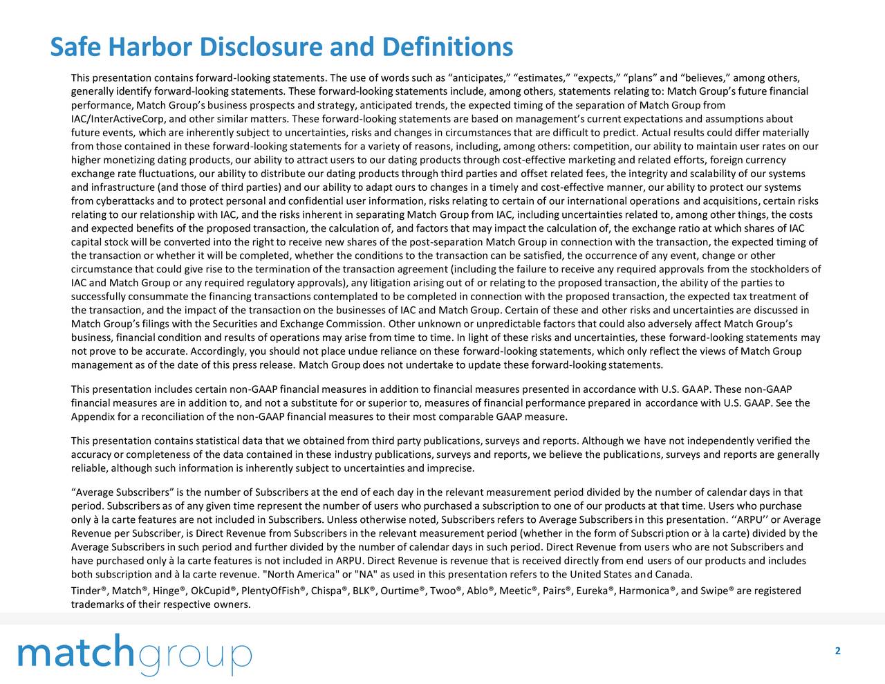 Safe Harbor Disclosure and Definitions