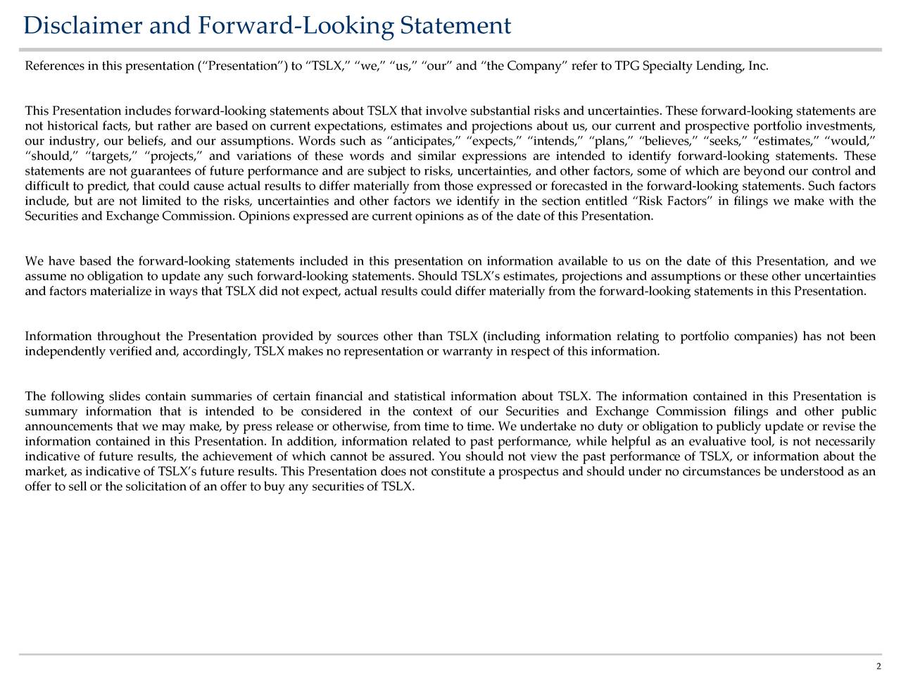 Disclaimer and Forward-Looking Statement