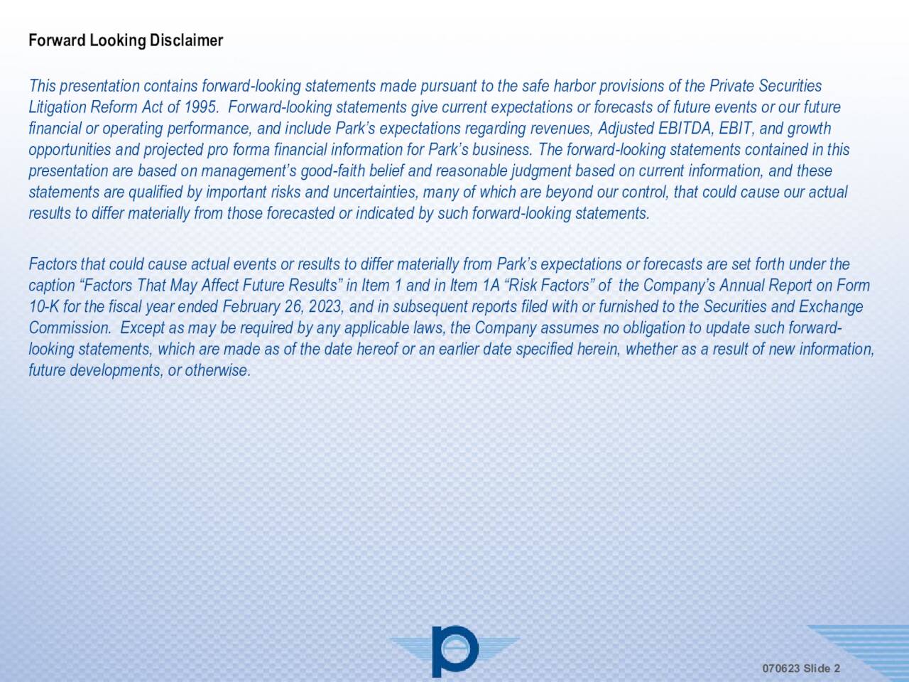 Forward Looking Disclaimer