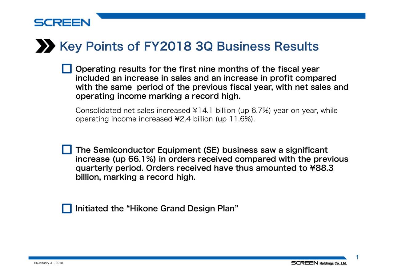 Screen Holdings Co., Ltd ADR 2018 Q3 Results Earnings Call Slides