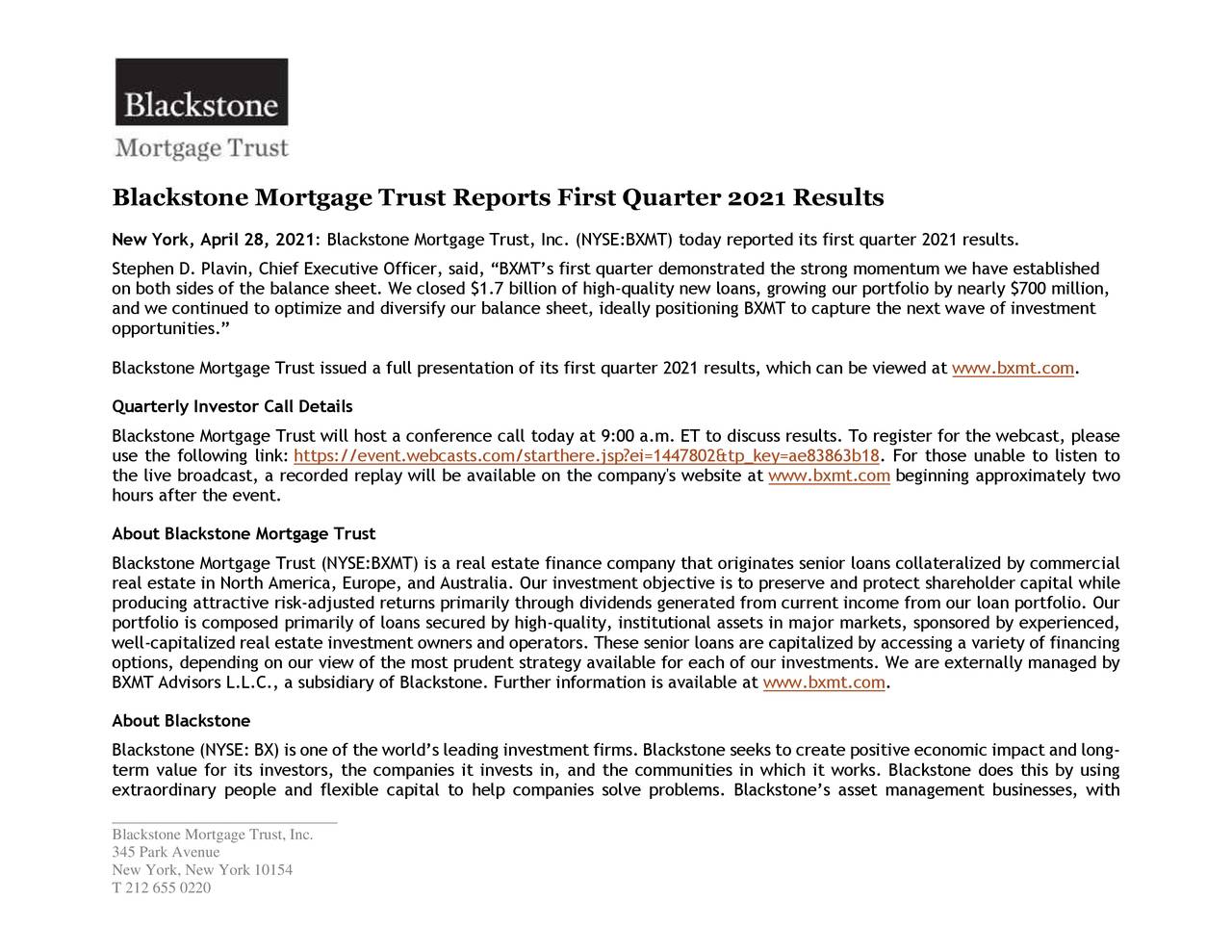 Blackstone Mortgage Trust, Inc. 2021 Q1 Results Earnings Call