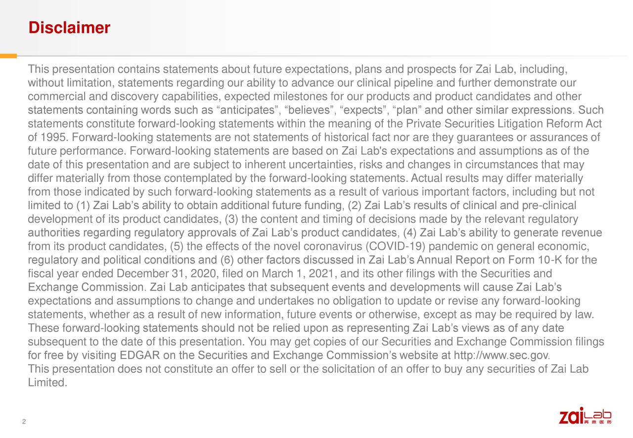 Zai Lab Limited 2021 Q1 Results Earnings Call Presentation (NASDAQ