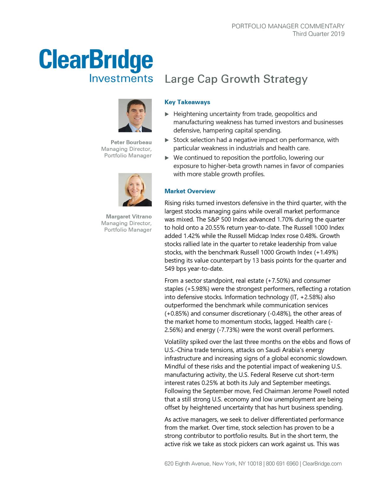 ClearBridge Large Cap Growth Strategy Portfolio Manager Commentary Q3 2019 | Seeking Alpha