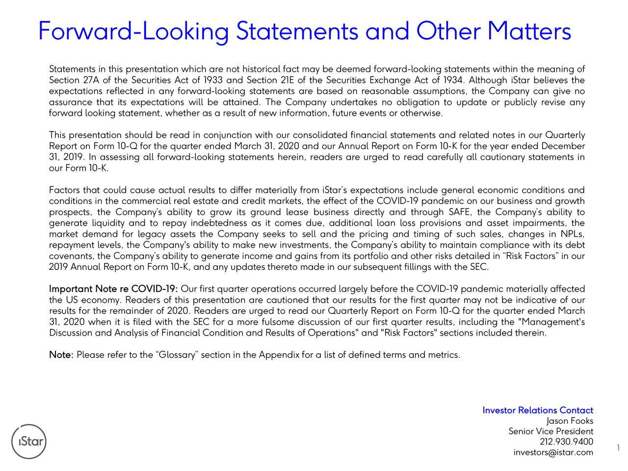 Forward-Looking Statements and Other Matters