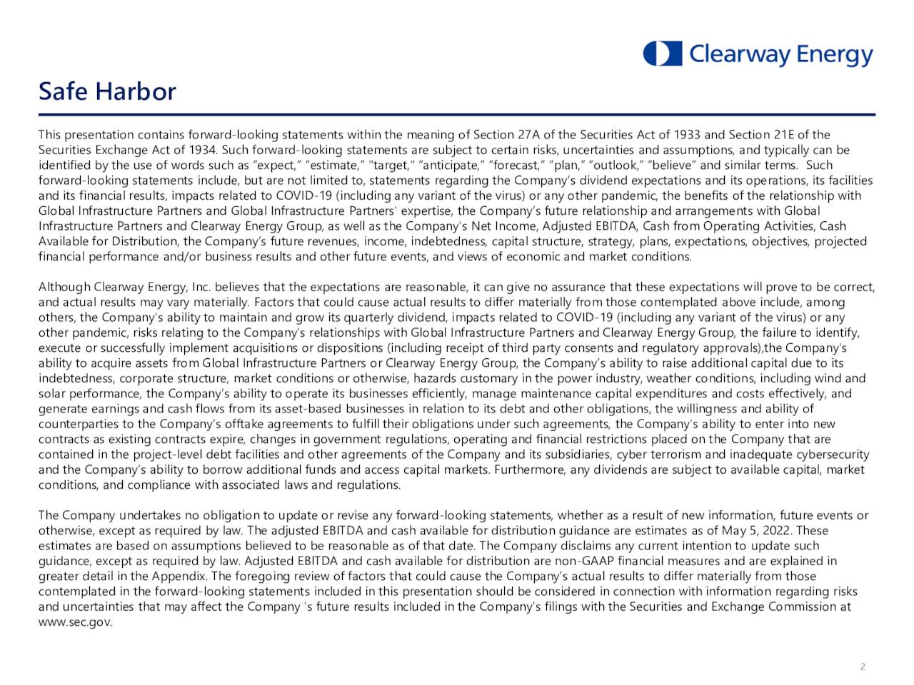 Clearway Energy Inc 2022 Q1 Results Earnings Call Presentation Clearway Energy Inc 2022 Q1 Results Earnings Call Presentation