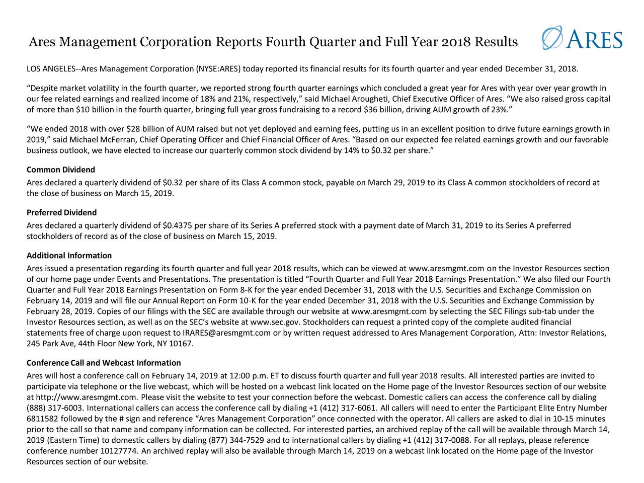 Ares Management Corporation 2018 Q4 - Results - Earnings Call Slides ...