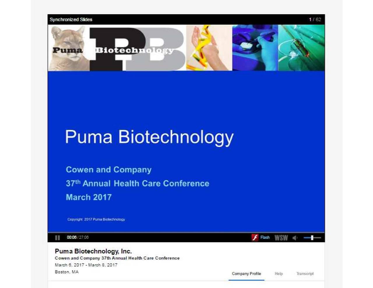 Puma Biotechnology (PBYI) Presents At Cowen and Company 37th Annual