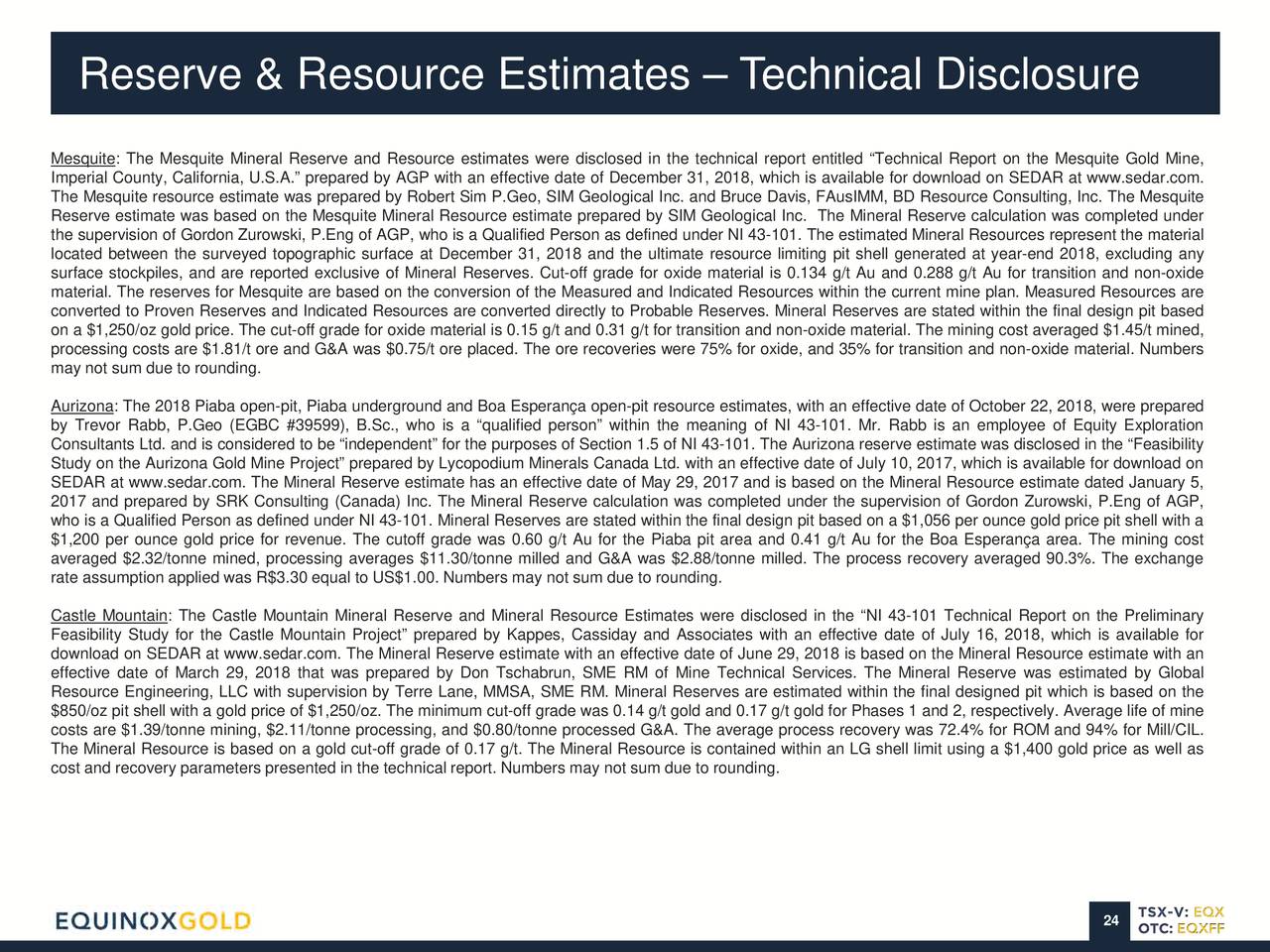 Reserve & Resource Estimates – Technical Disclosure