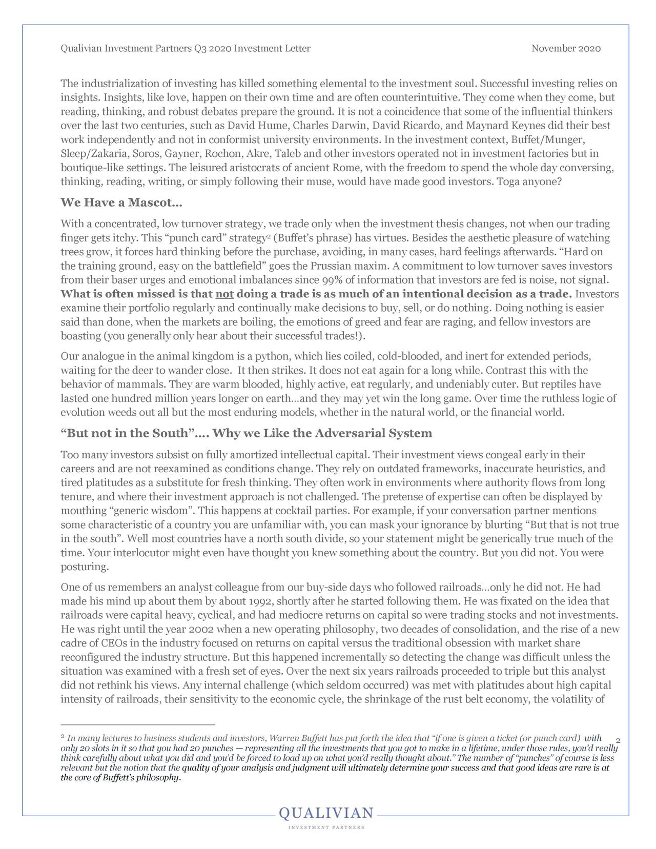 Qualivian Investment Partners Q3 2020 Investment Letter                                                  November 2020