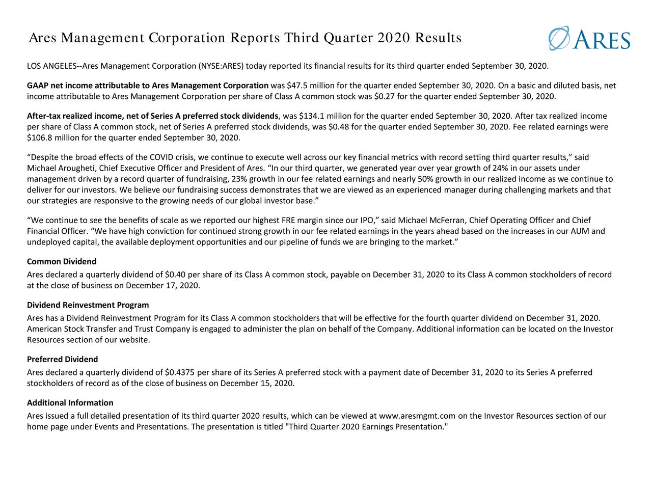 Ares Management Corporation 2020 Q3 - Results - Earnings Call ...