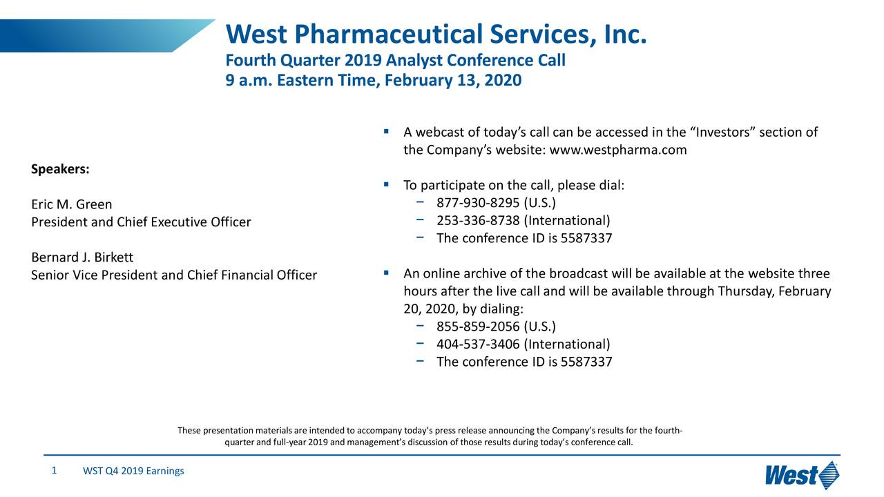 West Pharmaceutical Services 2019 Q4 - Results - Earnings Call ...