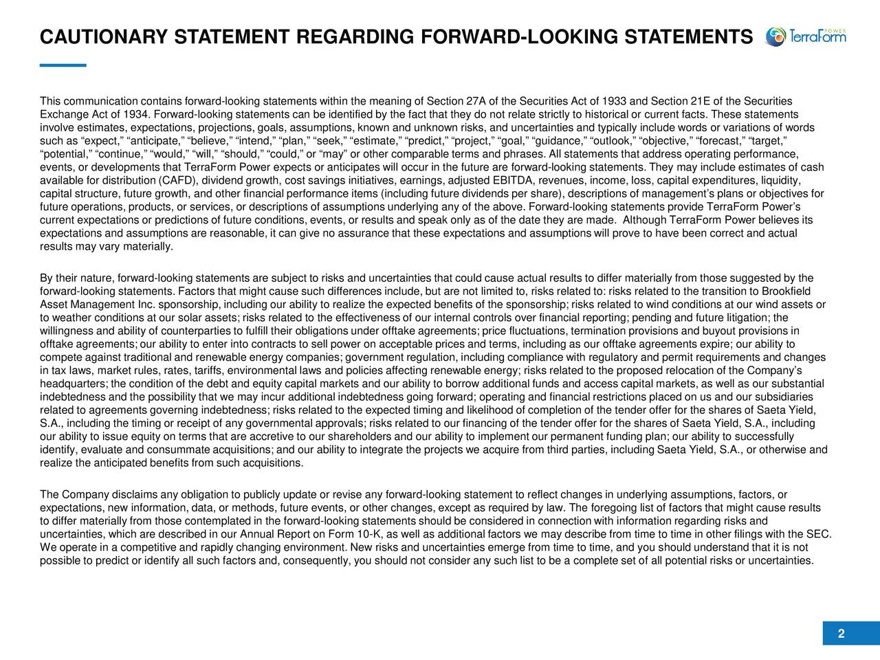 CAUTIONARY STATEMENT REGARDING FORWARD-LOOKING STATEMENTS