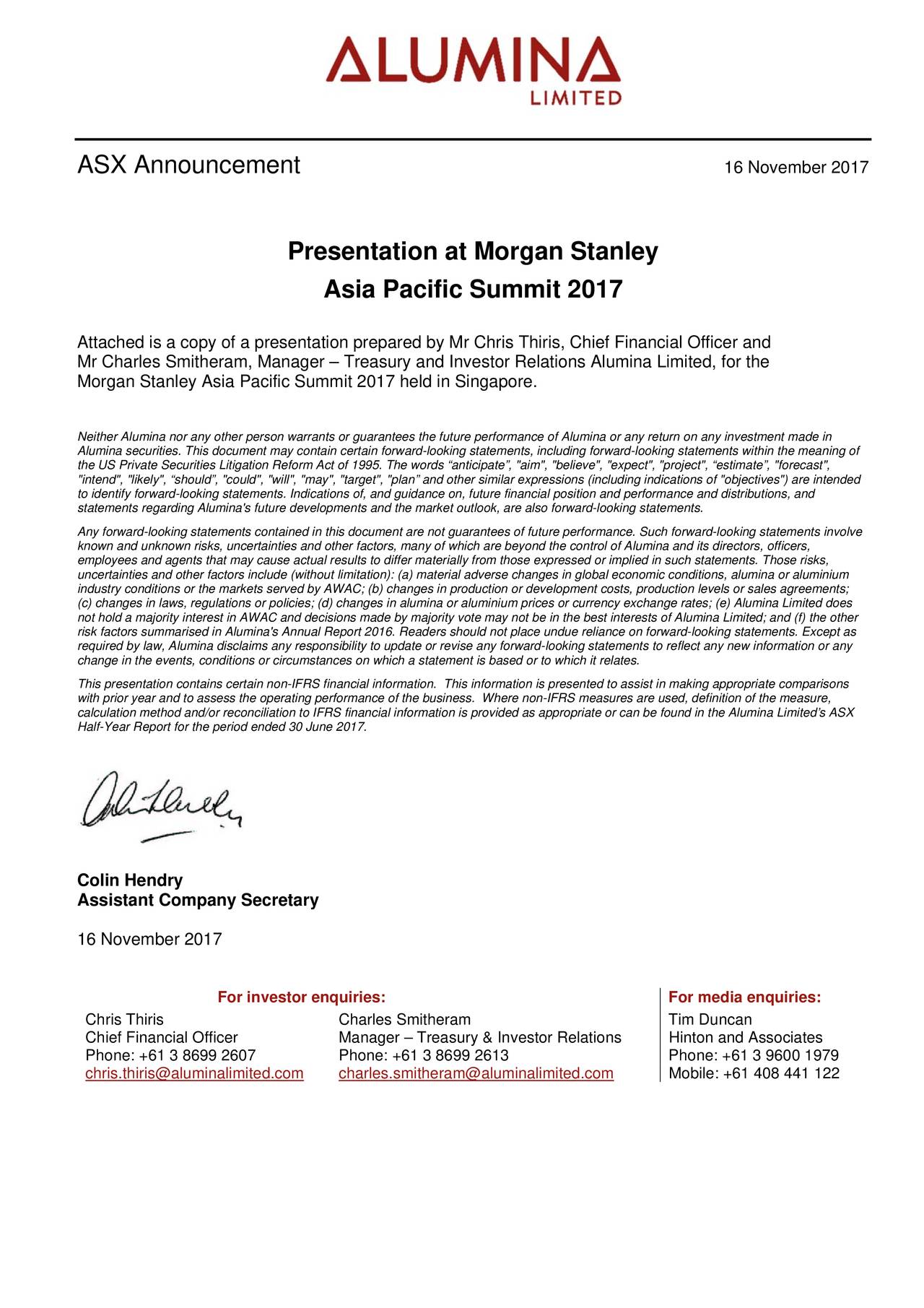 Morgan Stanley Investor Relations >> Alumina Awcmf Presents At Morgan Stanley 16th Annual Morgan Stanley Investor Relations >> Alumina Awcmf Presents At Morgan Stanley 16th Annual