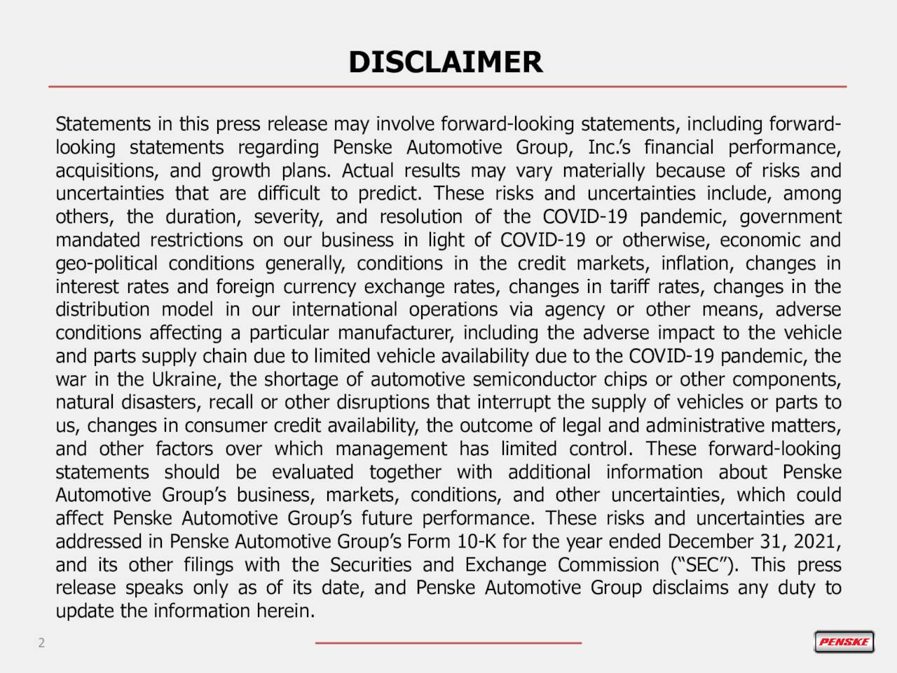 Penske Automotive Group, Inc. 2022 Q1 Results Earnings Call