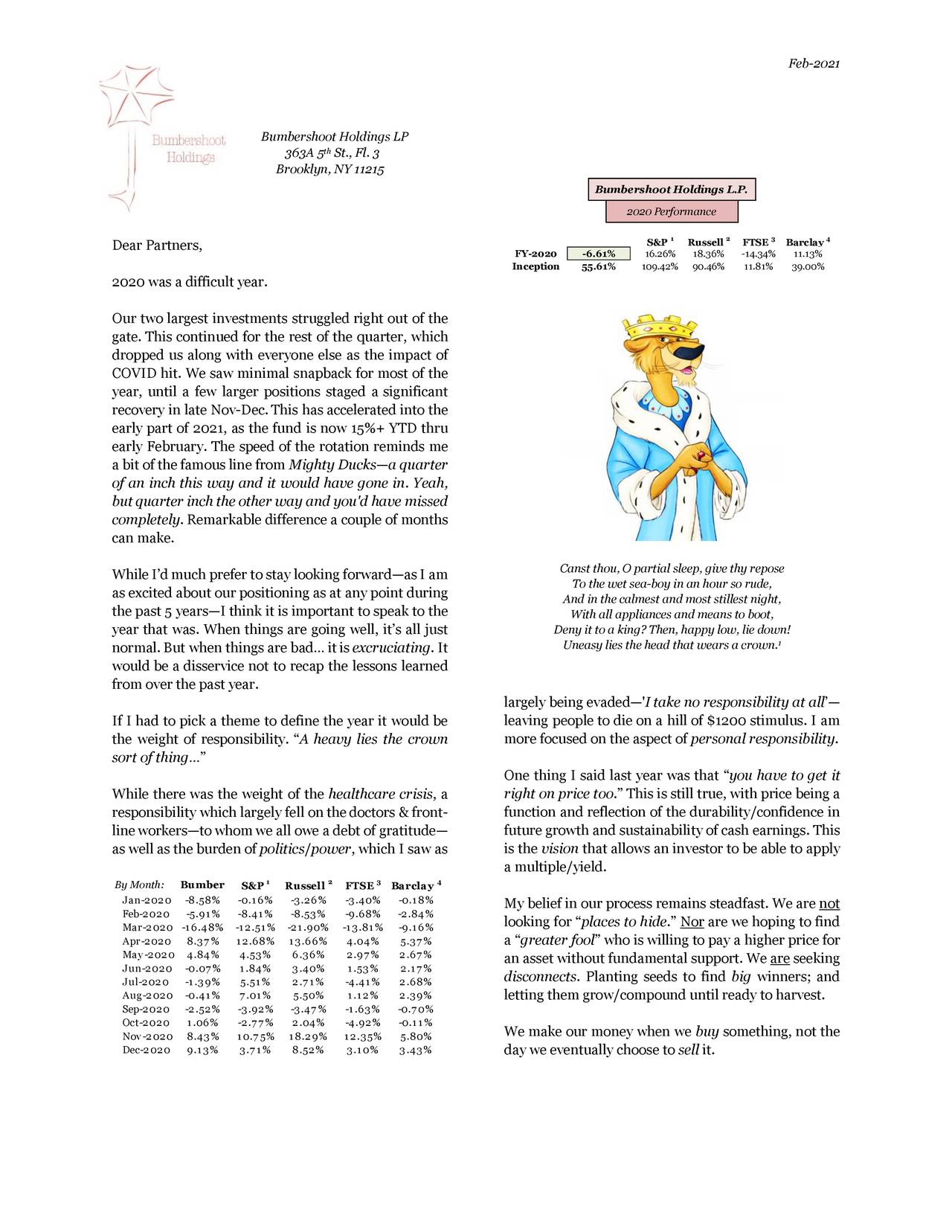 Bumbershoot Holdings 2020 Investor Letter (NASDAQCTHR) Seeking Alpha