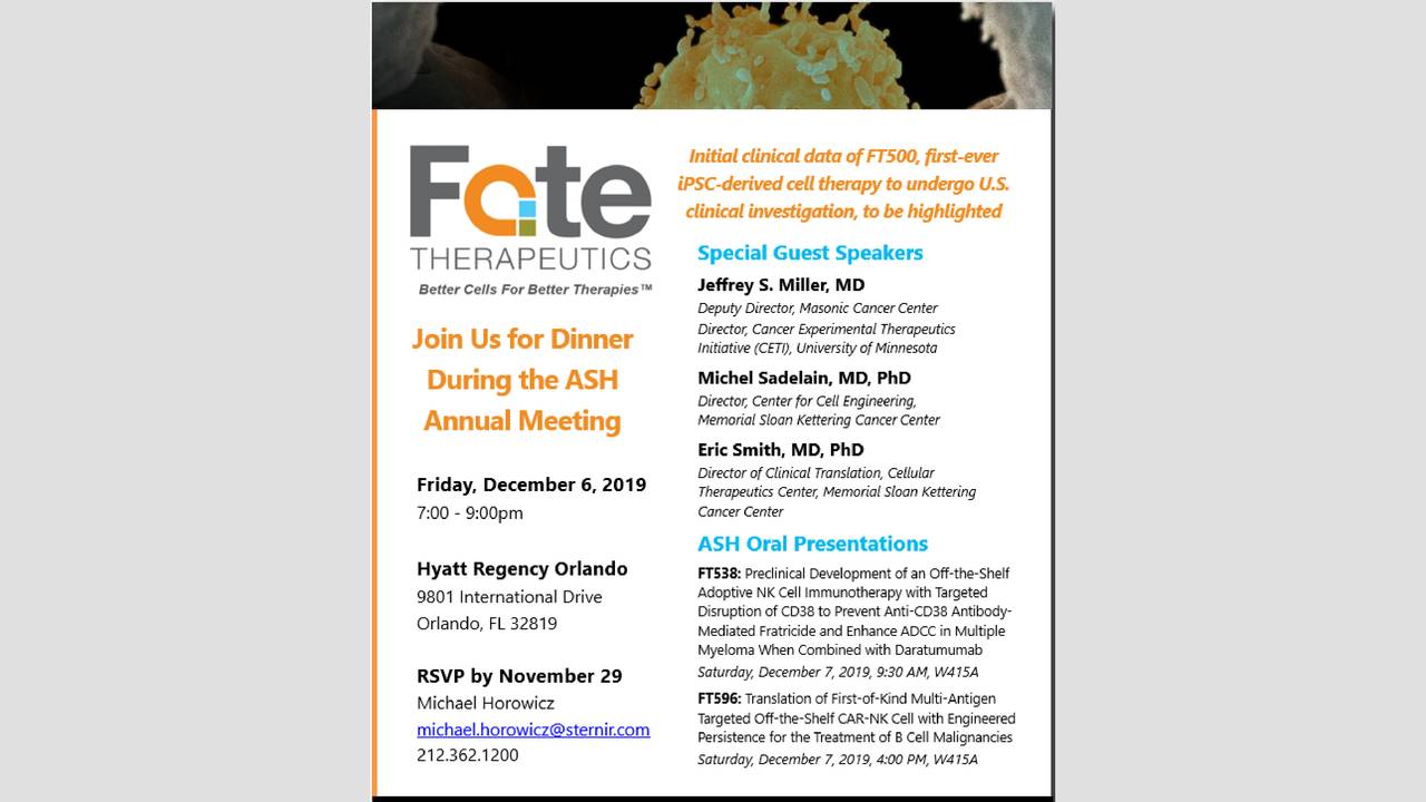 Fate Therapeutics Fate Presents At 19 Ash Annual Meeting Slideshow Nasdaq Fate Seeking Alpha